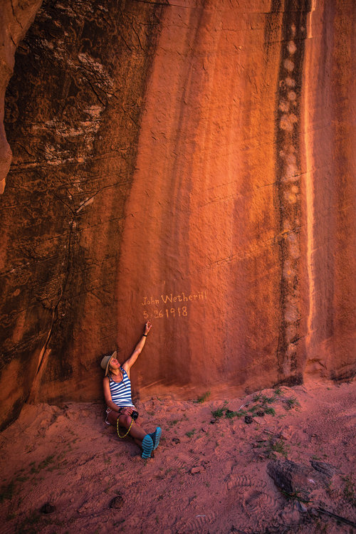Inscription in a remote remote canyon below the Rainbow Trail. Photo by Stephen Eginoire